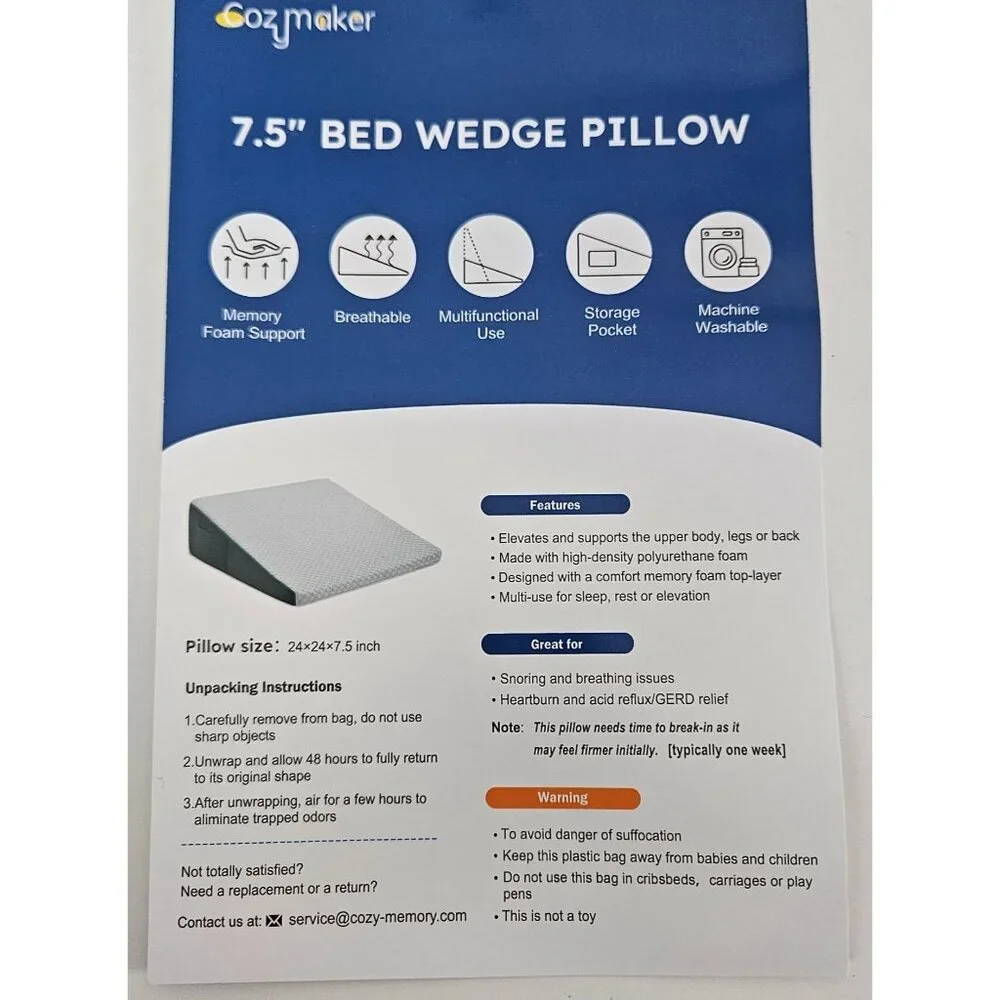 CozyMaker Memory Foam Bed Wedge Pillow 24 x 24 x 7.5